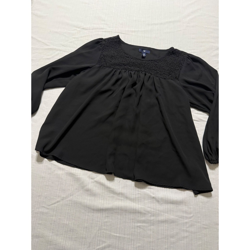 Gap Womens Black Crochet Lace Yoke Long Sleeve Babydoll Blouse Size M